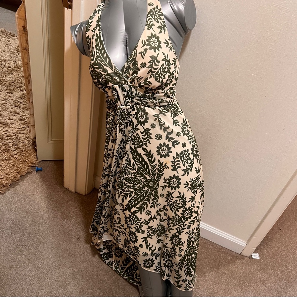 Elegant High Low Dress in Green and Cream